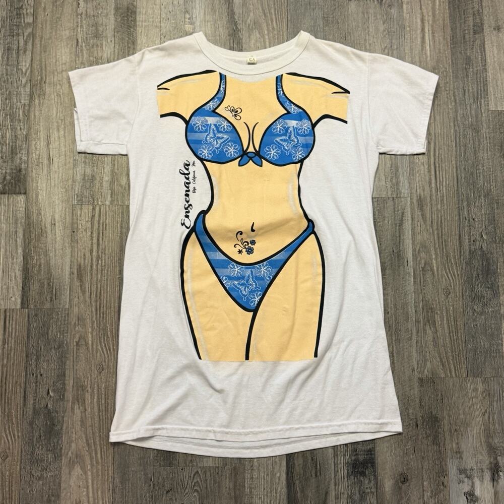 Vtg Ensenada Mexico Men’s Blue Bikini Body Graphic Print T-Shirt OS Tee 2 Sided
